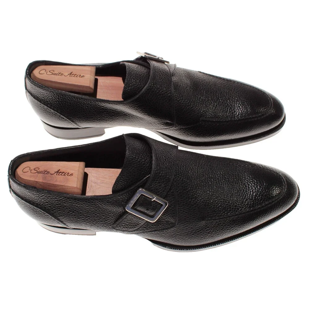 Di Bianco NWD Single Monk Strap Dress Shoes Size 9 US in Black Pebbled Leather